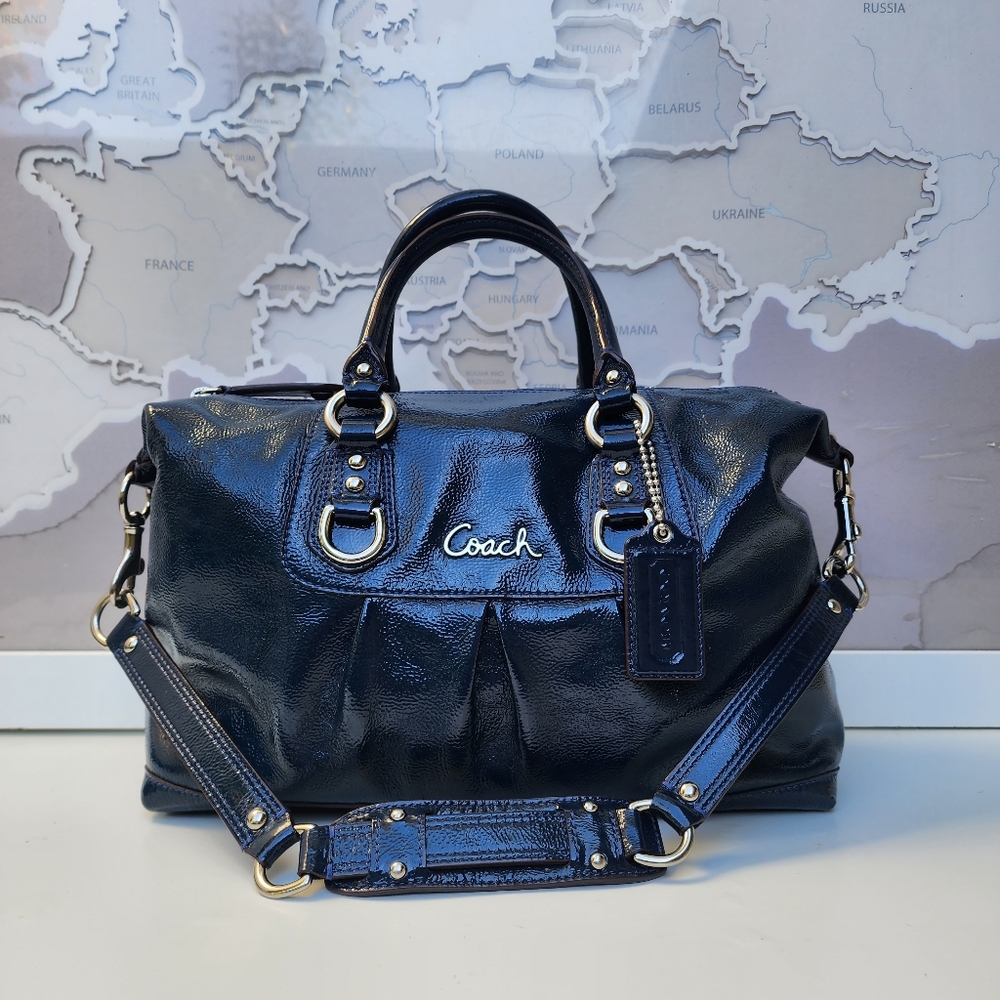 Coach Ashley F15455 Cobalt Blue Patent Leather Satchel Shoulder Bag